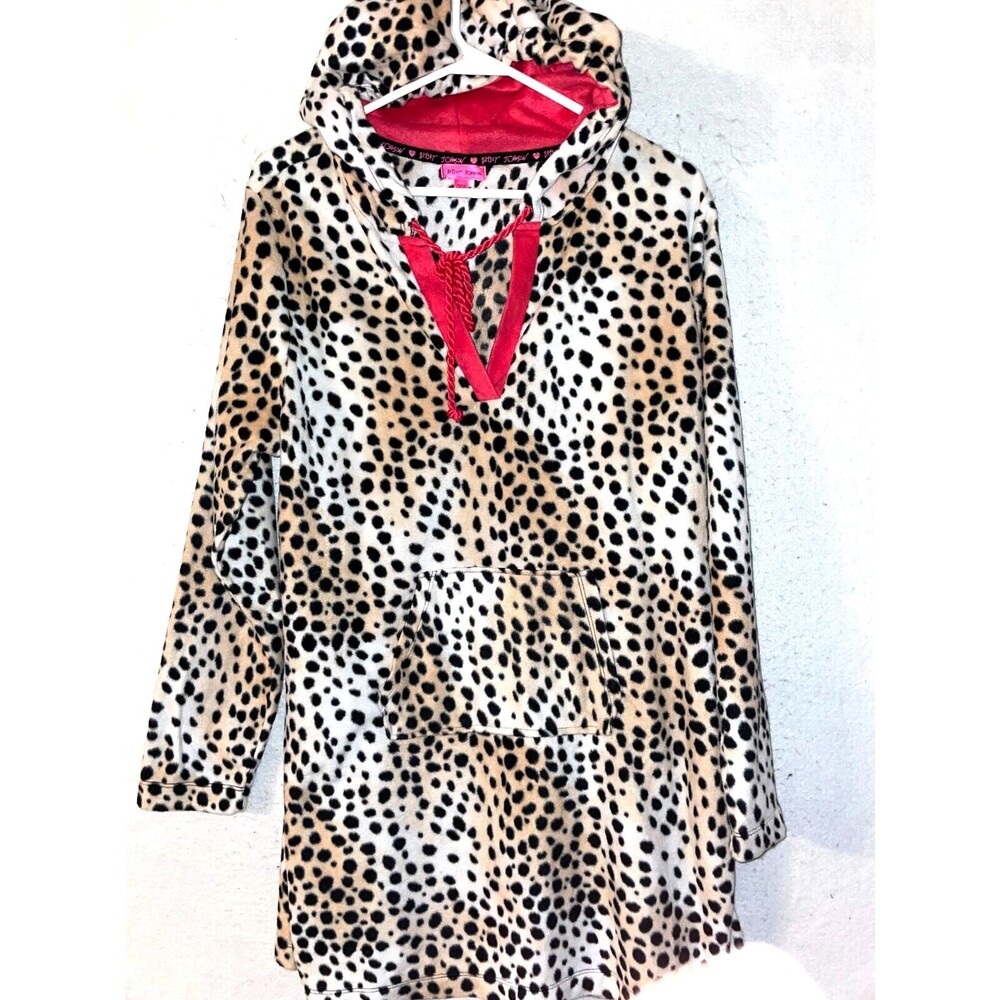 Betsey Hoodie Fleece Plush Fleece Tunic sz L women's Cozy V-neck pocket cheetah